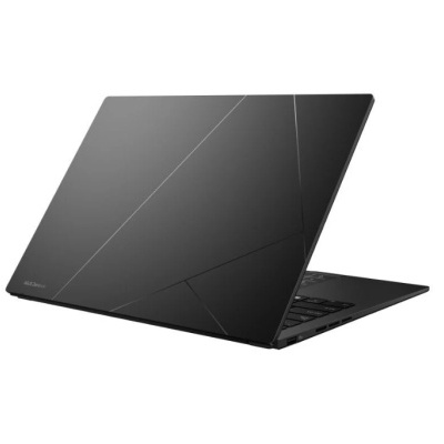 Portátil Asus ZenBook preto ligeiramente aberto com tampa com linhas geométricas