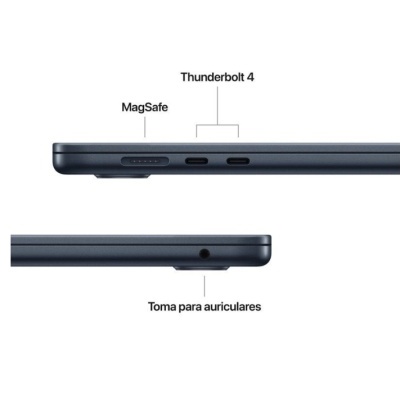 Perfil de portátil azul escuro com portas MagSafe, Thunderbolt 4 e tomada para auriculares