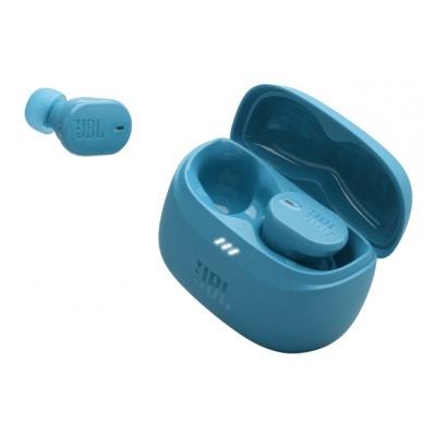 Auriculares sem fios azuis JBL com estojo de carregamento aberto