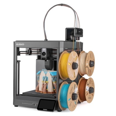 Impressora 3D ELEGOO cinzenta com ecrã tátil e bobinas coloridas de filamento