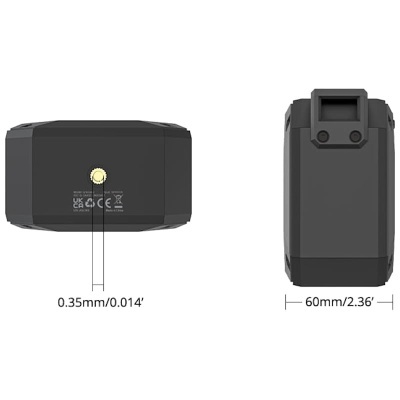Dispositivo eletrónico preto com conector e medidas visíveis em fundo branco