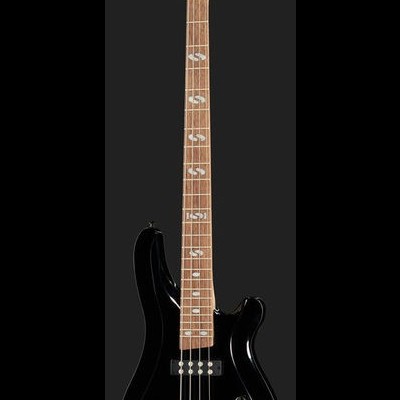 Baixo elétrico preto com braço de madeira clara e trastes brancos