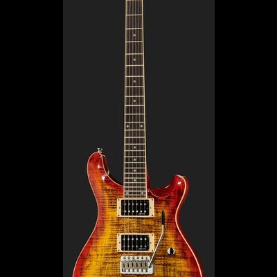 guitarra elétrica madeira flameada amarela e vermelha com captadores humbucker e ponte metálica