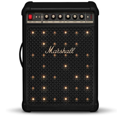 Amplificador guitarra preto Marshall com botões dourados e luzes LED