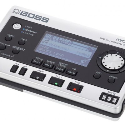 Gravador digital BOSS Micro BR em cinza com ecrã azul e botões