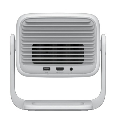 Projetor compacto branco com grelha frontal e portas USB, HDMI e áudio