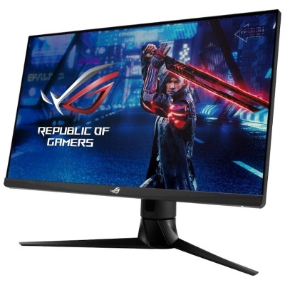Monitor de computador preto com suporte tripé a exibir imagem de personagem com espada vermelha e logo Republic of Gamers