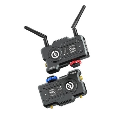 Conjunto de dois dispositivos eletrónicos pretos com antenas e botões coloridos