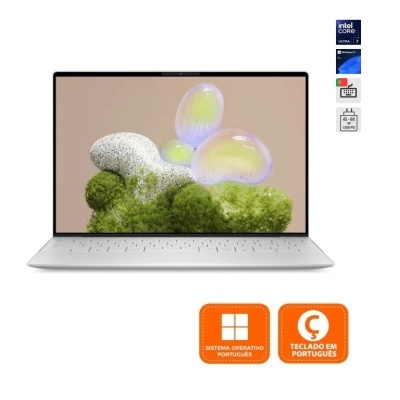 Computador portátil prateado com ecrã colorido e teclado português