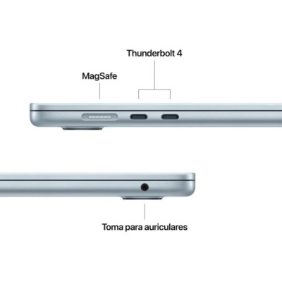 Portátil cinza visto de lado com etiquetas nas portas MagSafe, Thunderbolt 4 e tomada para auriculares