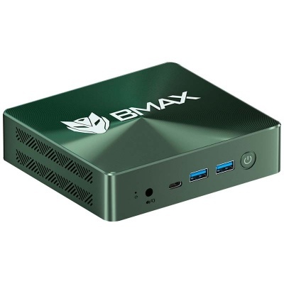 Computador miniatura verde escuro BIMAX com portas USB e botão de energia