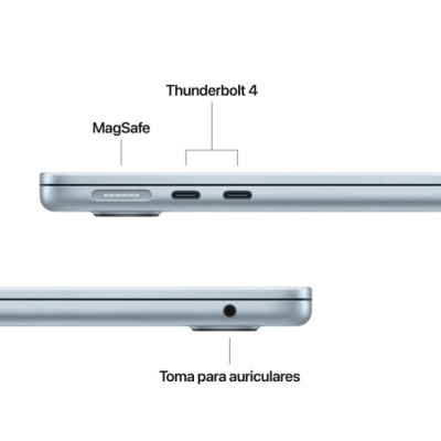 Laterais de portátil prateado com portas Thunderbolt 4, MagSafe e entrada para auriculares