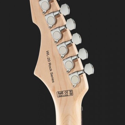 Cabeça de guitarra elétrica em madeira clara com seis tarraxas cromadas