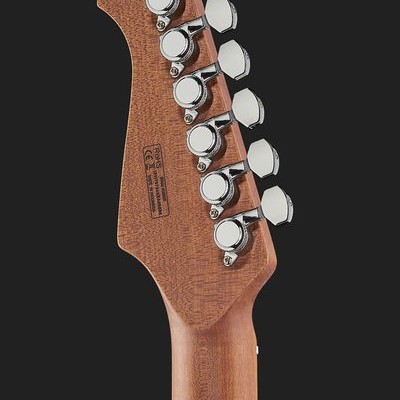 Cabeça de guitarra elétrica em madeira castanha com cravelhas cromadas e texto impresso