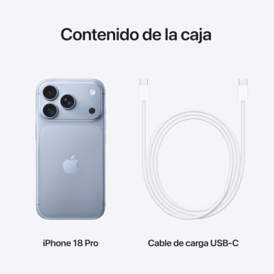 iPhone 18 Pro azul com três câmaras e cabo de carga USB-C branco