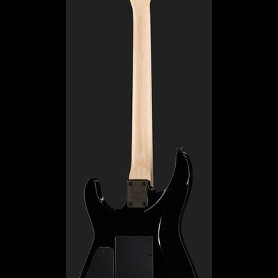 Guitarra elétrica preta vista de trás com braço de madeira e tarraxas pretas