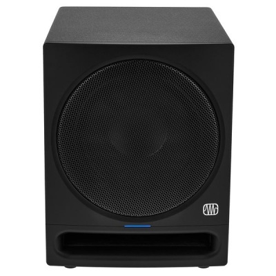 Caixa de som preta com grade circular e indicador azul