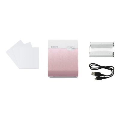 Impressora portátil Canon rosa e branco com acessórios