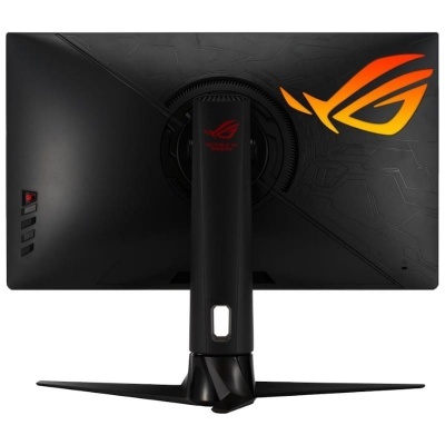 Monitor de computador preto com logo ROG colorido e suporte ajustável