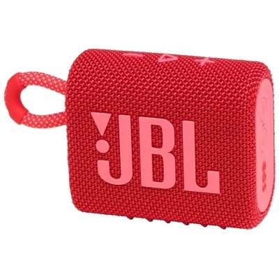 Coluna portátil JBL vermelha com textura em tecido e alça de corda