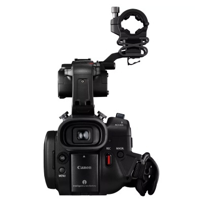 máquina de filmar Canon preta com suporte e botões