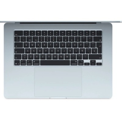 Teclado de computador portátil cinza claro com teclas pretas e letras brancas.