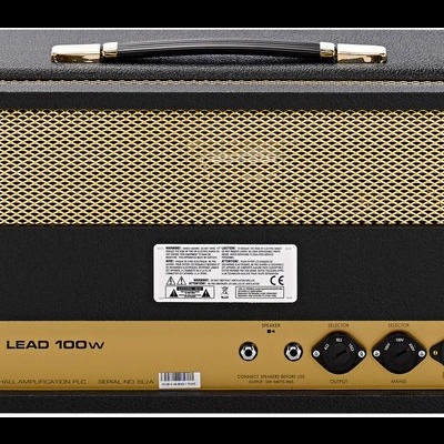Cabeçote de amplificador de guitarra preto com grelha metálica dourada e texto SUPER LEAD 100W