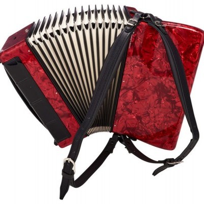 Acordeão vermelho com fole branco e preto e alças pretas de couro