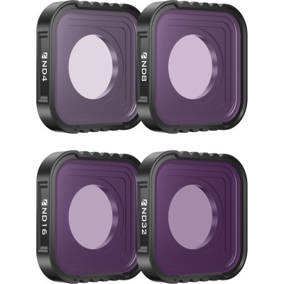 Conjunto de quatro filtros quadrados para lentes de câmera com vidro roxo e moldura preta, rotulados ND4, ND8, ND16 e ND32