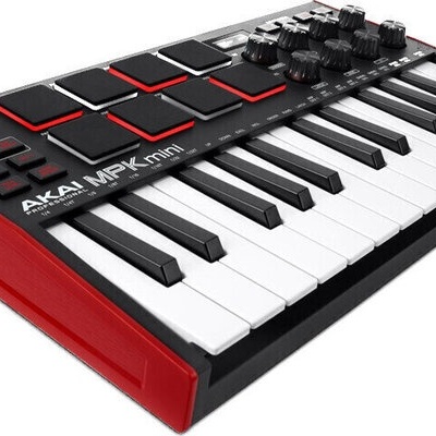 Teclado MIDI AKAI MPK mini preto e vermelho com 25 teclas e controlos