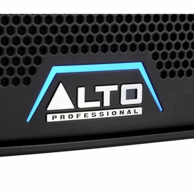 Grelha frontal preta de altifalante com logótipo ALTO PROFESSIONAL e contorno azul iluminado