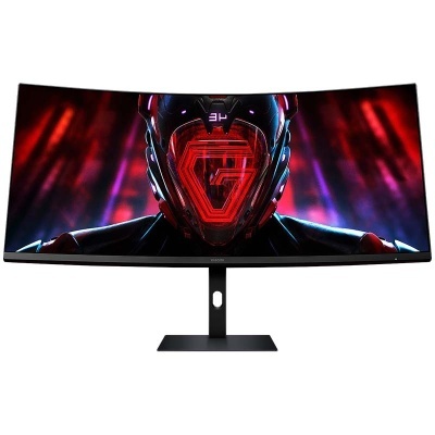 Monitor ultrawide curvo preto com imagem futurista vermelha no ecrã