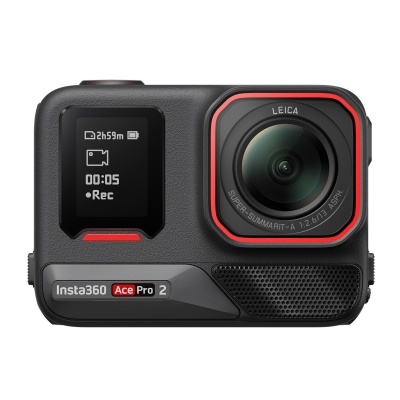 Câmara de ação preta Insta360 Ace Pro 2 com visor digital e lente Leica