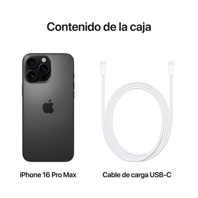 iPhone 16 Pro Max preto e cabo de carga USB-C branco sobre fundo branco