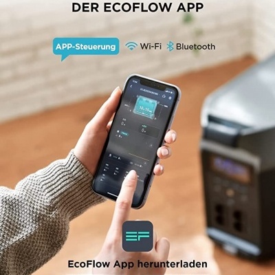 Telemóvel com aplicação EcoFlow aberta e dispositivo EcoFlow no fundo