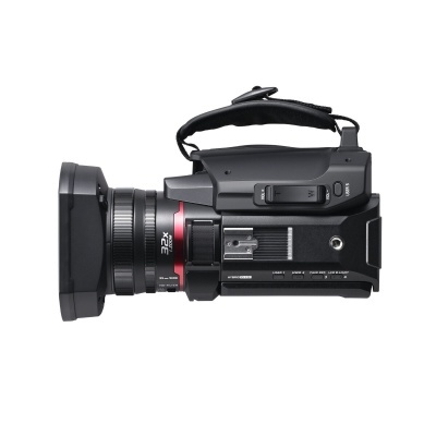 Câmara de vídeo preta vista lateral com lente e pega acolchoada