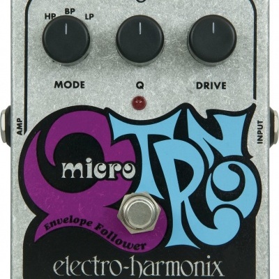 Pedal de guitarra Electro-Harmonix Micro Q Tron Envelope Follower prateado com botões pretos e texto colorido