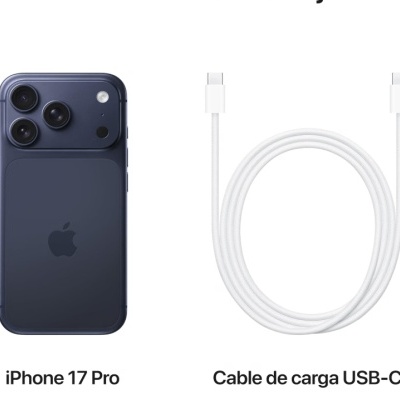 iPhone 17 Pro azul escuro com três câmeras e cabo de carga USB-C branco