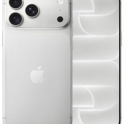 Smartphone Apple iPhone prateado com três câmaras e ecrã branco com padrão geométrico luminoso