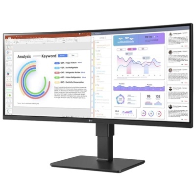 Monitor LG UltraWide panorâmico com suporte preto e ecrã dividido a mostrar gráficos
