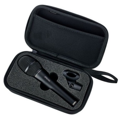 Microfone, suporte e caixa de transporte preta com espuma interior