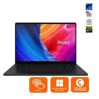 Computador portátil preto ProArt com ecrã tátil e teclado em português