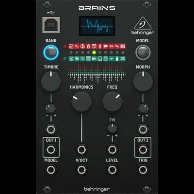 Módulo eletrônico preto Behringer Brains com botões e ecrã LCD