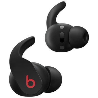 Auriculares sem fios negros com logótipo vermelho e suporte curvo para a orelha