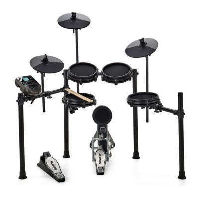 Bateria eletrónica preta com tambores, pratos, pedal e controlador digital