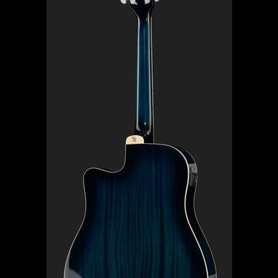 Guitarra acústica azul com corpo recortado vista de trás