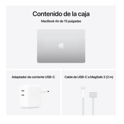 Conteúdo da caixa MacBook Air, computador, adaptador USB-C e cabo MagSafe 3