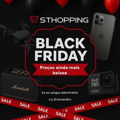 Promoção Black Friday com drones, colunas Marshall, smartphones Apple e câmaras GoPro com balões e fitas SALE