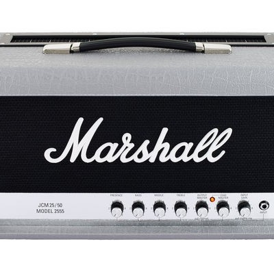 Cabeça de amplificador de guitarra Marshall cinza e preto com botões e texto