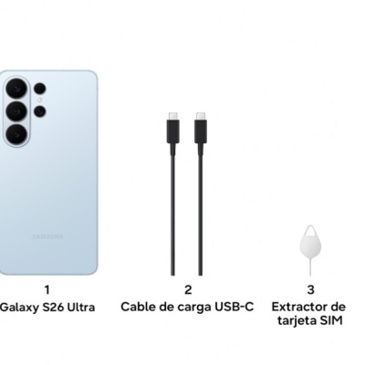 Telemóvel Samsung Galaxy S26 Ultra azul claro com cabo de carga USB-C preto e extrator de cartão SIM branco